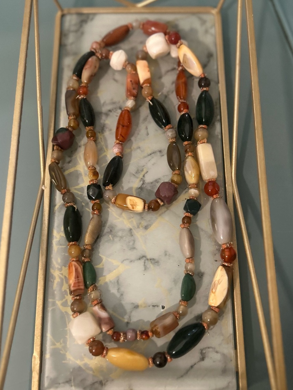 Vintage Multicolor Beggar Glass Beaded Necklace with White Faceted X Long